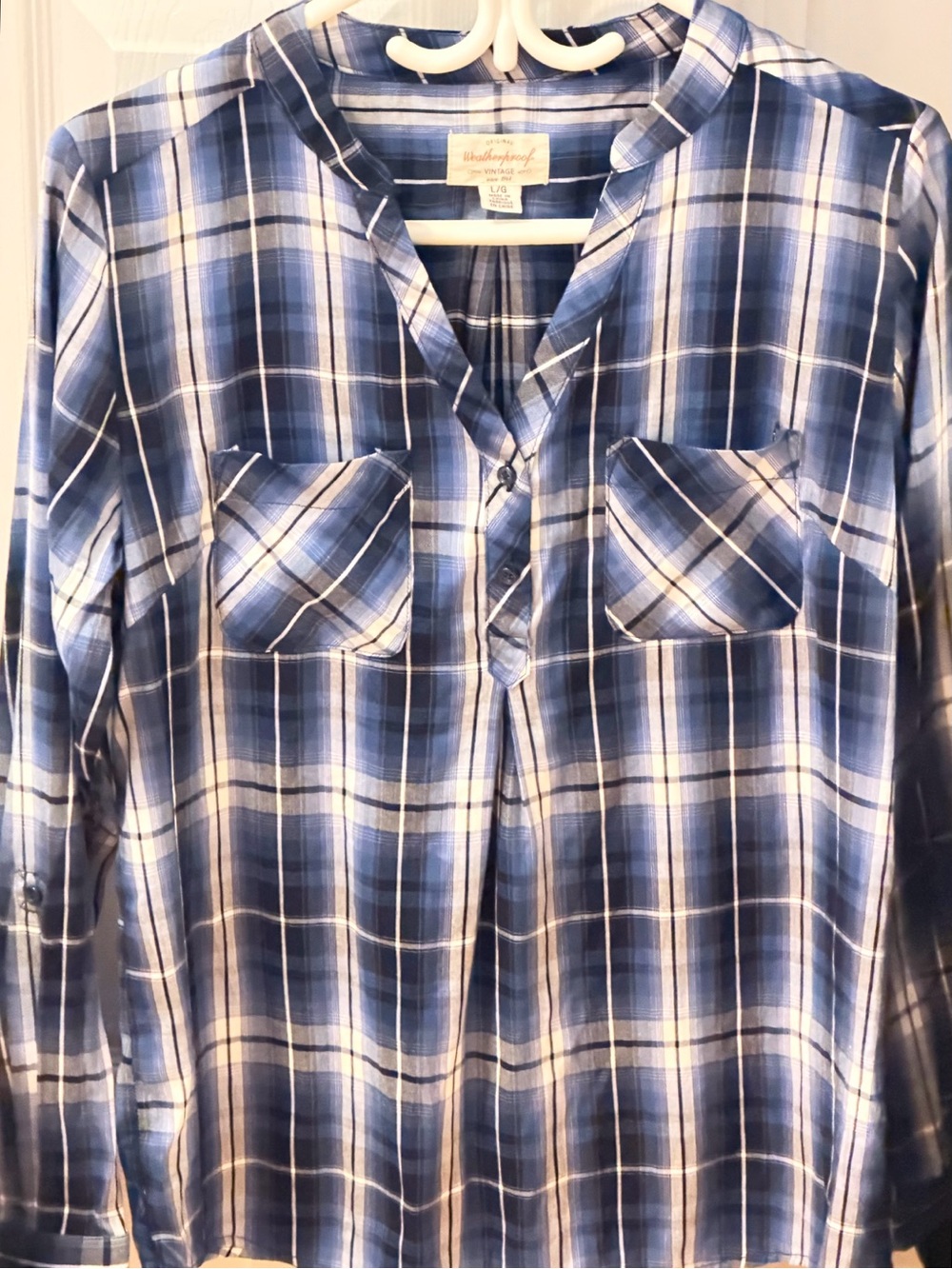 Weatherproof Vintage Blue Plaid Roll-Tab Popover Blouse Size L